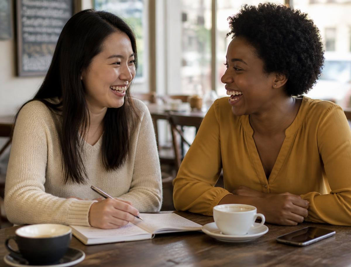 Two women practising English conversation together with a notebook and coffee
