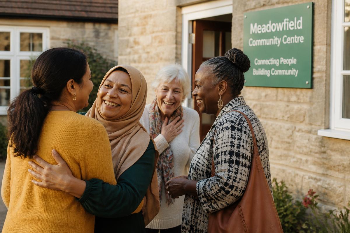 Women greeting each other warmly outside a community centre